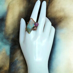 Boho Chic Labradorite & Amethyst Adjustable Copper Ring Rustic Vintage Style